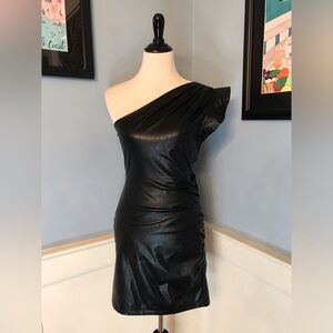 Black Vegan Leather One Shoulder Asymmetrical Mini Dress Sz S